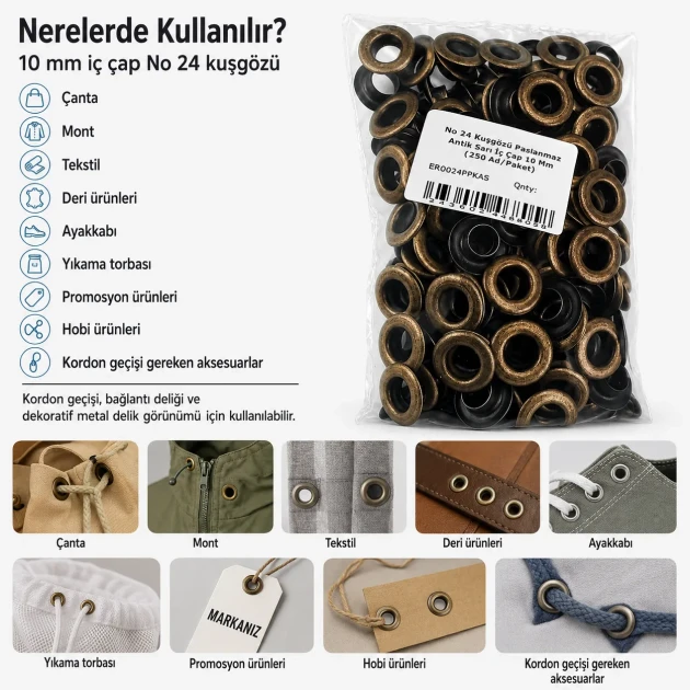 10 mm Antique Brass-Tone Stainless Metal Eyelet Capsule for Textile and Leather Applications, 250 pcs Pack