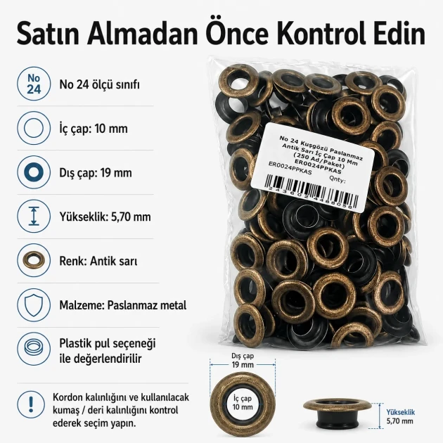 10 mm Antique Brass-Tone Stainless Metal Eyelet Capsule for Textile and Leather Applications, 250 pcs Pack