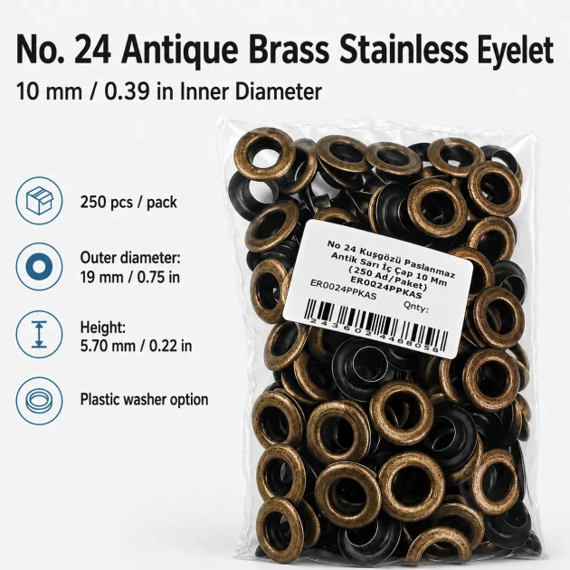10 mm Antique Brass-Tone Stainless Metal Eyelet Capsule for Textile and Leather Applications, 250 pcs Pack