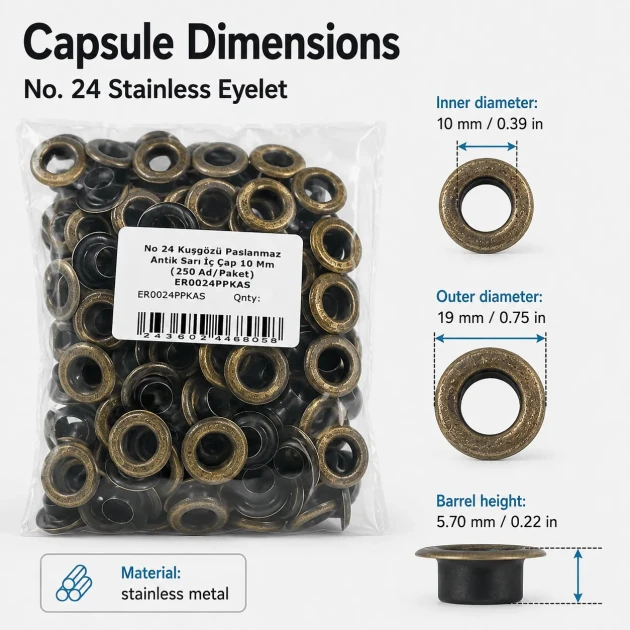 10 mm Antique Brass-Tone Stainless Metal Eyelet Capsule for Textile and Leather Applications, 250 pcs Pack