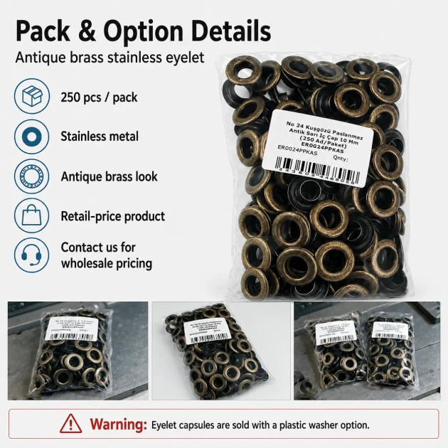 10 mm Antique Brass-Tone Stainless Metal Eyelet Capsule for Textile and Leather Applications, 250 pcs Pack