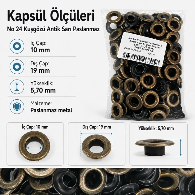 10 mm Antique Brass-Tone Stainless Metal Eyelet Capsule for Textile and Leather Applications, 250 pcs Pack