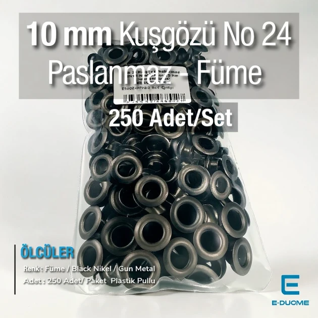 10 mm Kuşgözü Füme - Siyah Nikel Paslanmaz No 24 (250 Ad/Paket) ER0024PPKBN