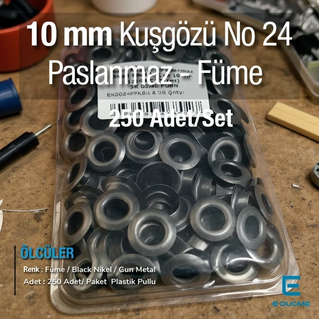 10 mm Kuşgözü Füme - Siyah Nikel Paslanmaz No 24 (250 Ad/Paket) ER0024PPKBN