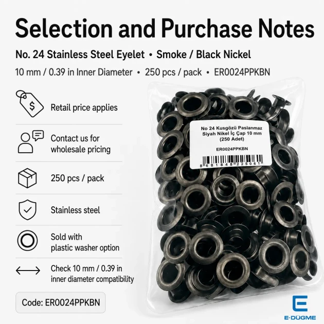10 mm / 0.39 in Inner Diameter Black Nickel-Tone Stainless Metal Eyelet Capsule for bags, jackets, and textiles, 250 pcs/Pack
