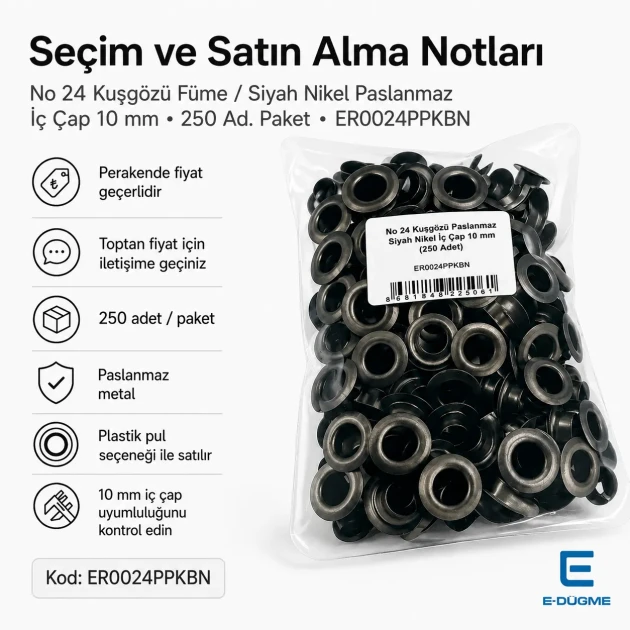 10 mm / 0.39 in Inner Diameter Black Nickel-Tone Stainless Metal Eyelet Capsule for bags, jackets, and textiles, 250 pcs/Pack