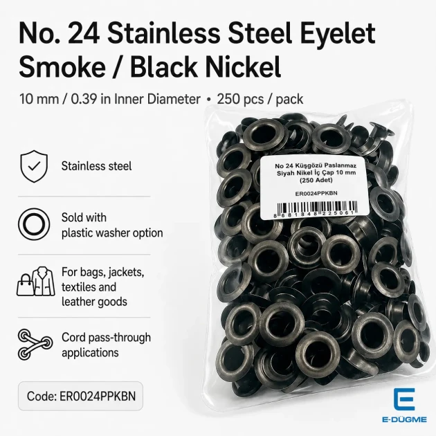 10 mm / 0.39 in Inner Diameter Black Nickel-Tone Stainless Metal Eyelet Capsule for bags, jackets, and textiles, 250 pcs/Pack