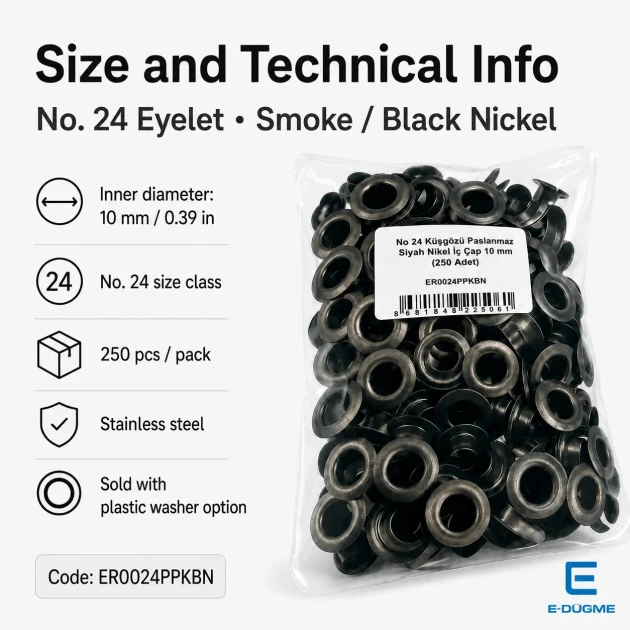 10 mm / 0.39 in Inner Diameter Black Nickel-Tone Stainless Metal Eyelet Capsule for bags, jackets, and textiles, 250 pcs/Pack