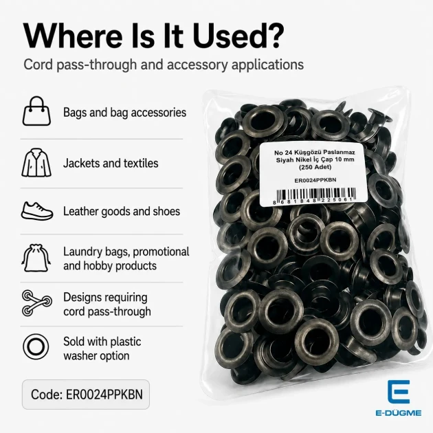 10 mm / 0.39 in Inner Diameter Black Nickel-Tone Stainless Metal Eyelet Capsule for bags, jackets, and textiles, 250 pcs/Pack
