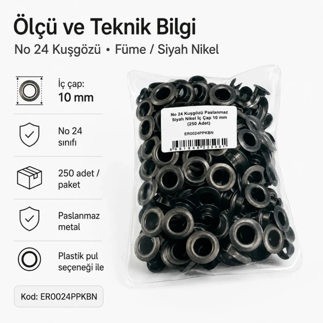 10 mm / 0.39 in Inner Diameter Black Nickel-Tone Stainless Metal Eyelet Capsule for bags, jackets, and textiles, 250 pcs/Pack