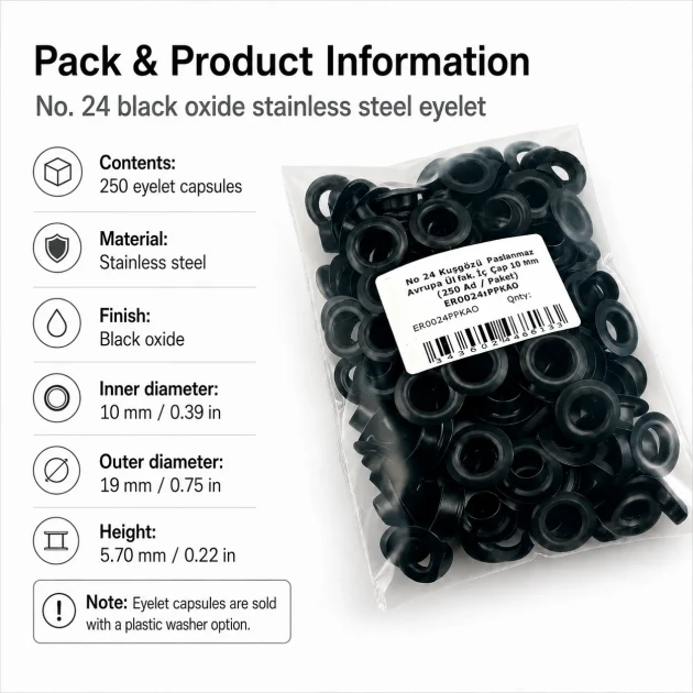 No 24 Kuşgözü Siyah Oksit Paslanmaz Çelik 10 mm İç Çap 250 Adet/Paket, çanta ve ayakkabı üretiminde güvenilir malzeme