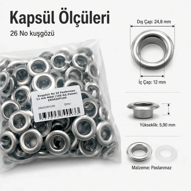 26 No Paslanmaz Kuşgözü Metal Pullu 12 mm İç Çap 100 Adet/Paket - Tekstil, çanta ve ayakkabı üretimi için ideal çözüm