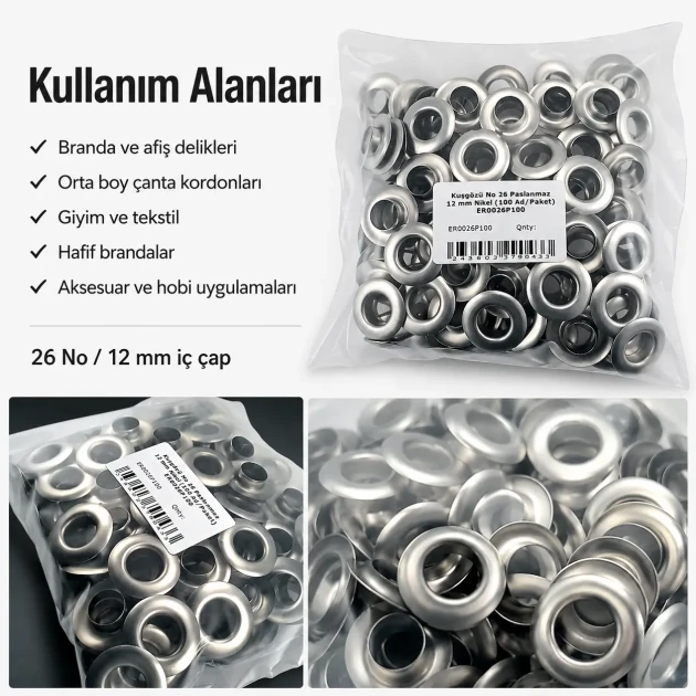26 No Paslanmaz Kuşgözü Metal Pullu 12 mm İç Çap 100 Adet/Paket - Tekstil, çanta ve ayakkabı üretimi için ideal çözüm
