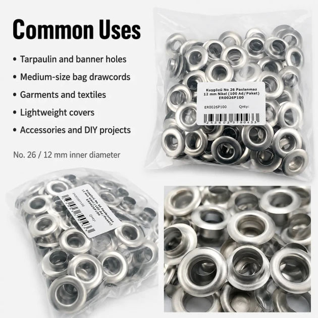 26 No Paslanmaz Kuşgözü Metal Pullu 12 mm İç Çap 100 Adet/Paket - Tekstil, çanta ve ayakkabı üretimi için ideal çözüm
