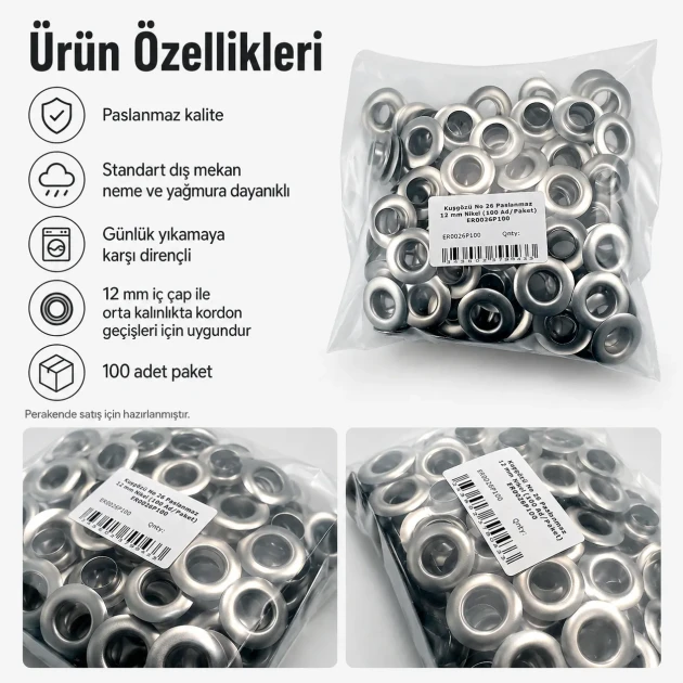 26 No Paslanmaz Kuşgözü Metal Pullu 12 mm İç Çap 100 Adet/Paket - Tekstil, çanta ve ayakkabı üretimi için ideal çözüm
