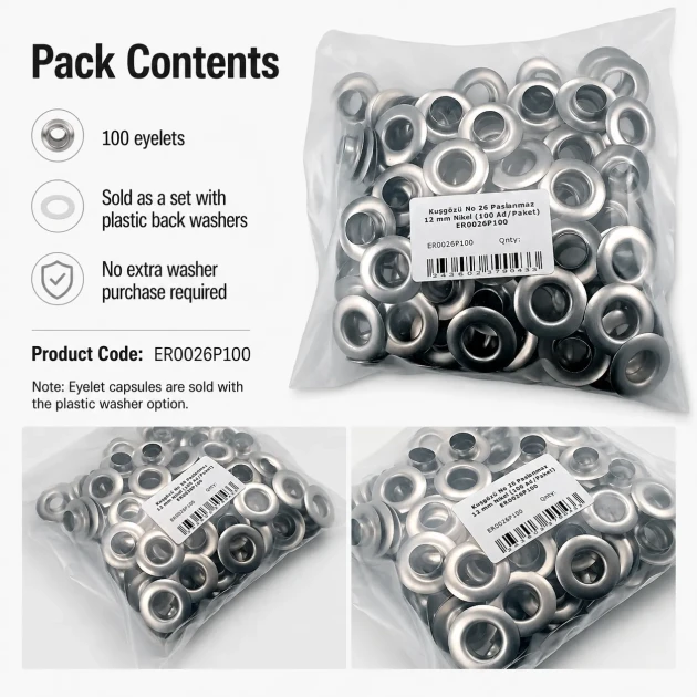 26 No Paslanmaz Kuşgözü Metal Pullu 12 mm İç Çap 100 Adet/Paket - Tekstil, çanta ve ayakkabı üretimi için ideal çözüm