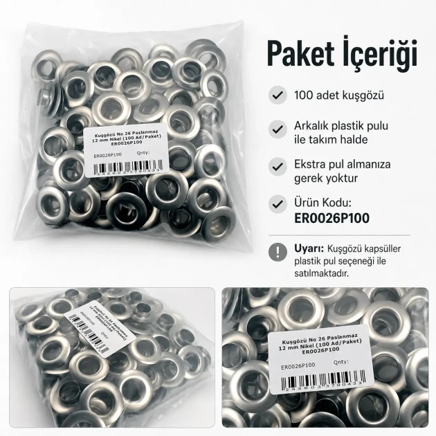 26 No Paslanmaz Kuşgözü Metal Pullu 12 mm İç Çap 100 Adet/Paket - Tekstil, çanta ve ayakkabı üretimi için ideal çözüm