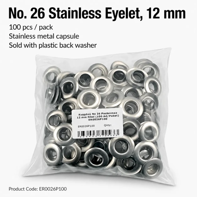 26 No Paslanmaz Kuşgözü Metal Pullu 12 mm İç Çap 100 Adet/Paket - Tekstil, çanta ve ayakkabı üretimi için ideal çözüm