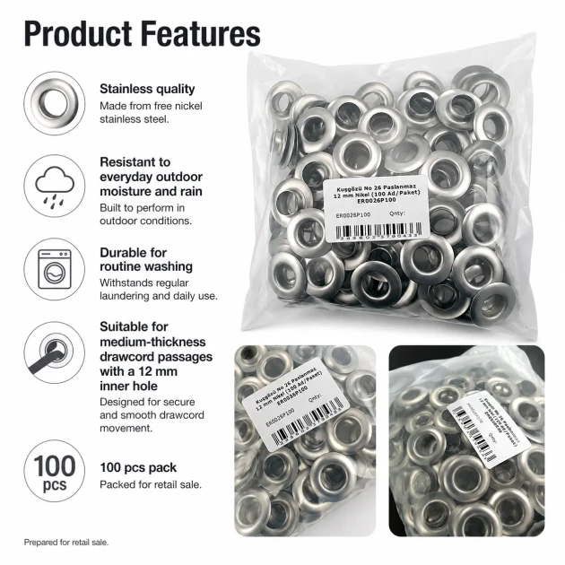 26 No Paslanmaz Kuşgözü Metal Pullu 12 mm İç Çap 100 Adet/Paket - Tekstil, çanta ve ayakkabı üretimi için ideal çözüm