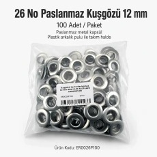 26 No Paslanmaz Kuşgözü Metal Pullu 12 mm İç Çap 100 Adet/Paket ER0026P100