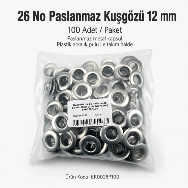 26 No Paslanmaz Kuşgözü Metal Pullu 12 mm İç Çap 100 Adet/Paket - Tekstil, çanta ve ayakkabı üretimi için ideal çözüm