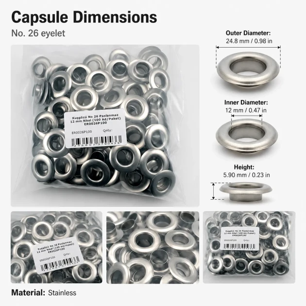 26 No Paslanmaz Kuşgözü Metal Pullu 12 mm İç Çap 100 Adet/Paket - Tekstil, çanta ve ayakkabı üretimi için ideal çözüm