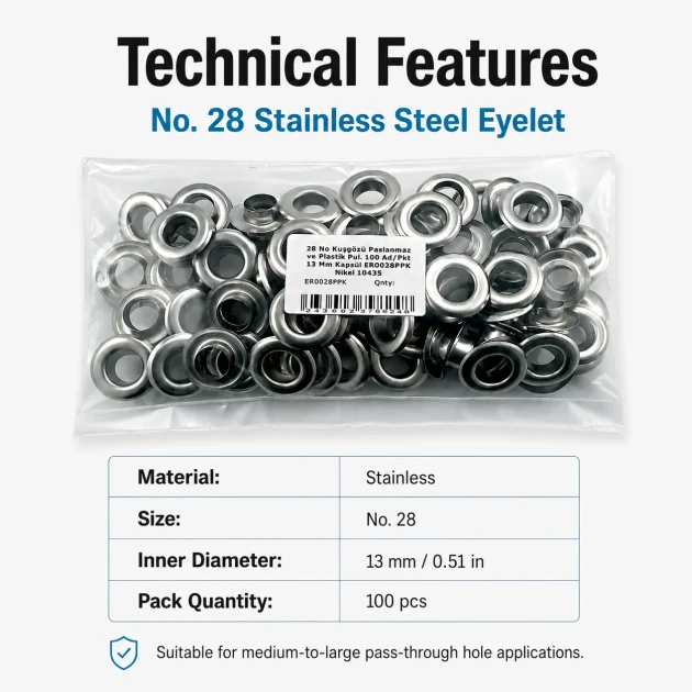 13 mm / 0.51 in Inner Diameter Stainless Metal Eyelet for Leather Goods and Banners, 100 pcs Pack