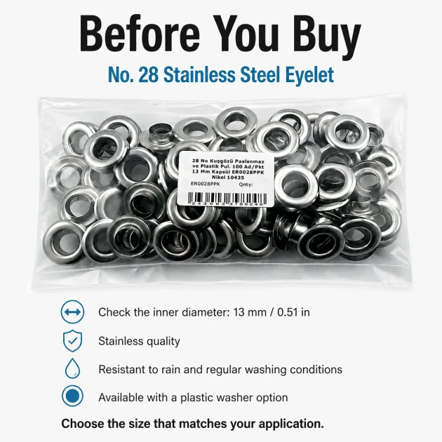 13 mm / 0.51 in Inner Diameter Stainless Metal Eyelet for Leather Goods and Banners, 100 pcs Pack