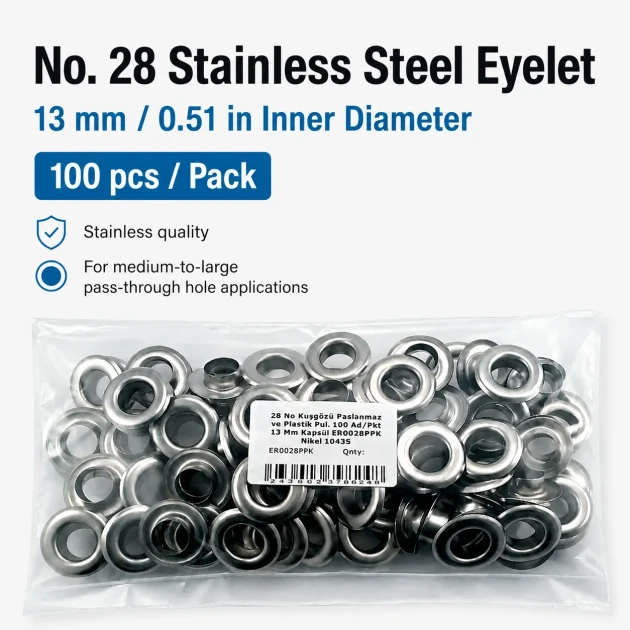 13 mm / 0.51 in Inner Diameter Stainless Metal Eyelet for Leather Goods and Banners, 100 pcs Pack