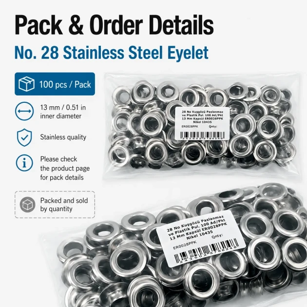 13 mm / 0.51 in Inner Diameter Stainless Metal Eyelet for Leather Goods and Banners, 100 pcs Pack