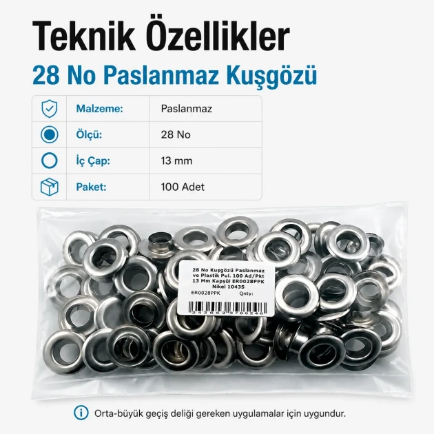 13 mm / 0.51 in Inner Diameter Stainless Metal Eyelet for Leather Goods and Banners, 100 pcs Pack