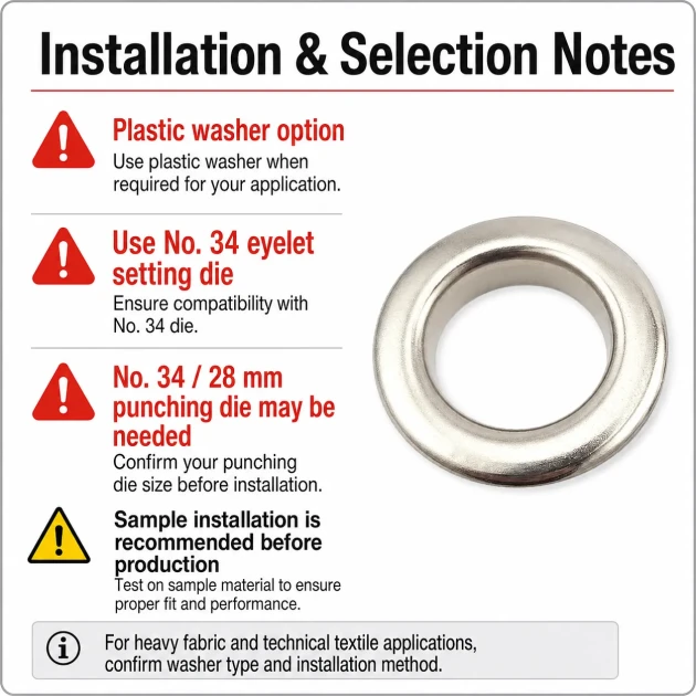 Stainless Steel Eyelet 28 mm / 1.10 in Inner Diameter with Plastic Washer Option, 50 Pieces Pack for Heavy-Duty Applications