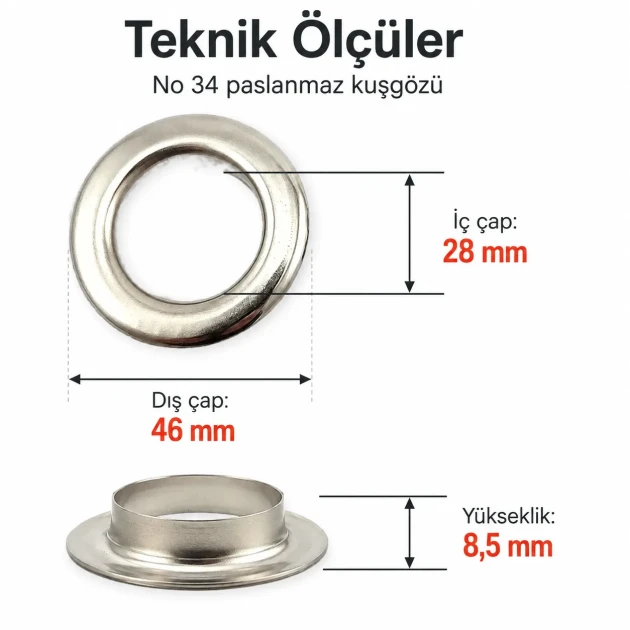 Stainless Steel Eyelet 28 mm / 1.10 in Inner Diameter with Plastic Washer Option, 50 Pieces Pack for Heavy-Duty Applications