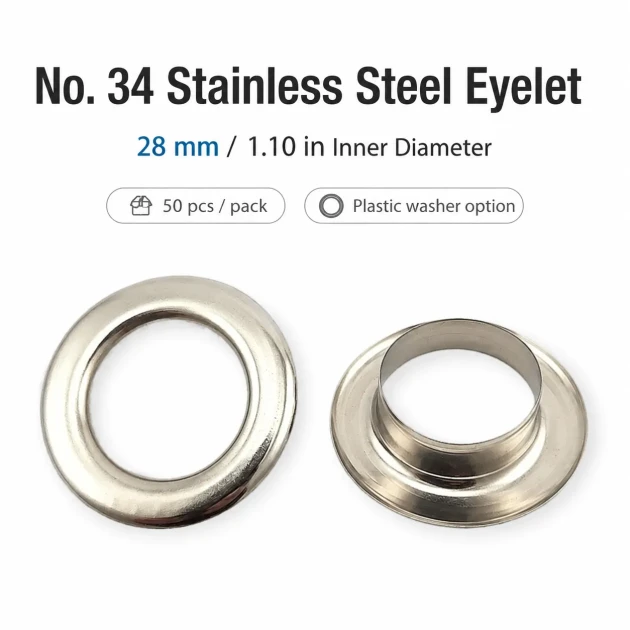 Stainless Steel Eyelet 28 mm / 1.10 in Inner Diameter with Plastic Washer Option, 50 Pieces Pack for Heavy-Duty Applications