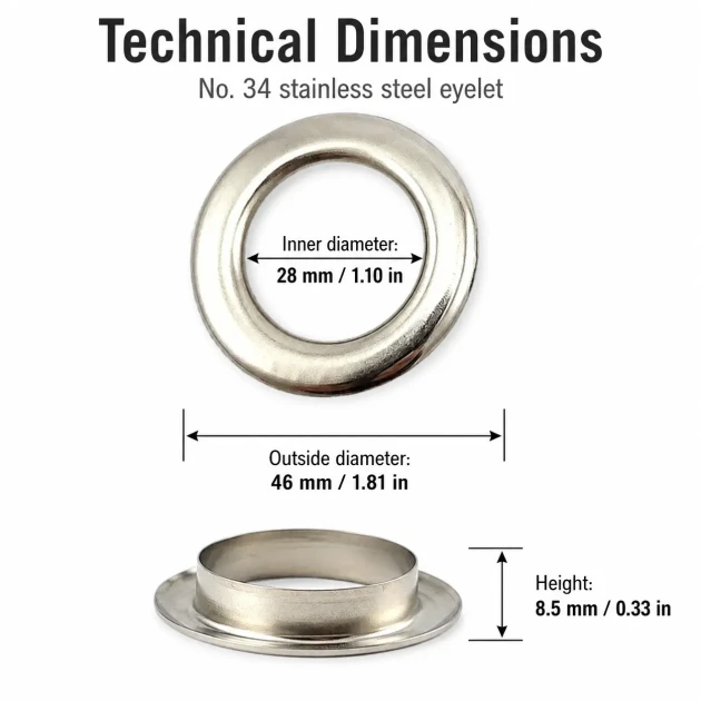 Stainless Steel Eyelet 28 mm / 1.10 in Inner Diameter with Plastic Washer Option, 50 Pieces Pack for Heavy-Duty Applications
