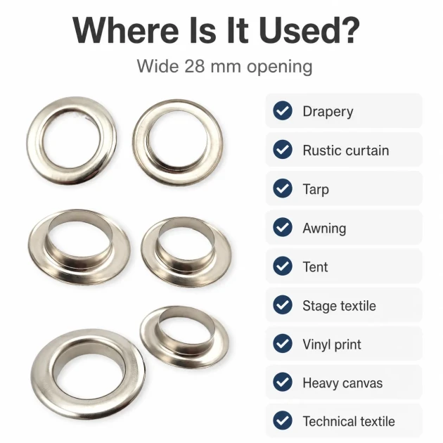 Stainless Steel Eyelet 28 mm / 1.10 in Inner Diameter with Plastic Washer Option, 50 Pieces Pack for Heavy-Duty Applications