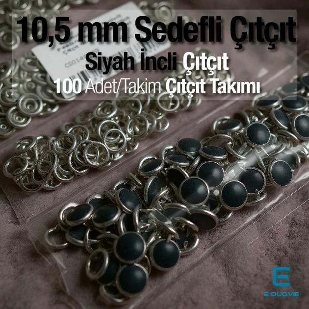 Sedefli Çıtçıt  Siyah İncili 10,5 mm  Paslanmaz 100 Ad/Paket ERBCLK0008SSD