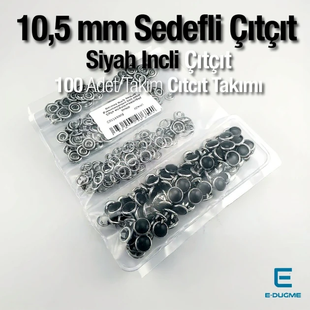 Sedefli Çıtçıt  Siyah İncili 10,5 mm  Paslanmaz 100 Ad/Paket ERBCLK0008SSD