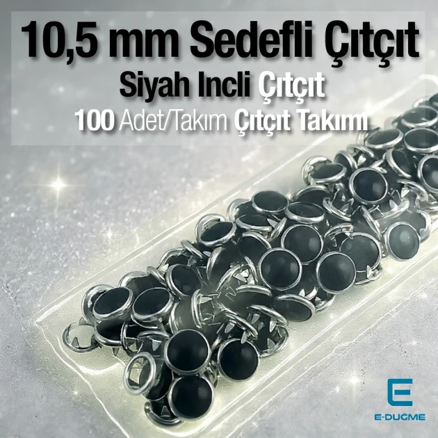 Sedefli Çıtçıt  Siyah İncili 10,5 mm  Paslanmaz 100 Ad/Paket ERBCLK0008SSD