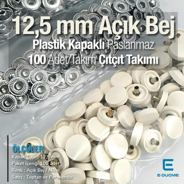 Plastik Kapaklı 12,5 mm Çıtçıt Takımı Açık Bej - Gümüş 3 Alt Parça 100 adet/pkt ERC00125PLABej