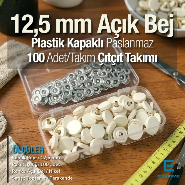 Plastik Kapaklı 12,5 mm Çıtçıt Takımı Açık Bej - Gümüş 3 Alt Parça 100 adet/pkt ERC00125PLABej