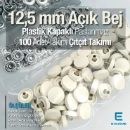 Snap Fastener Set with12.5 mm - 0,49" Light Beige Plastic Cap - Silver 3 Bottom Pieces 100 pieces/pack ERC00125PLABej