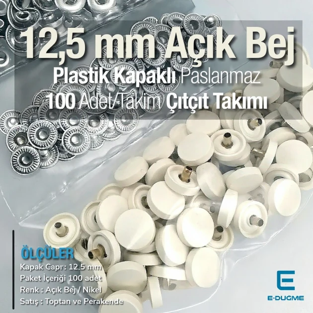 Plastik Kapaklı 12,5 mm Çıtçıt Takımı Açık Bej - Gümüş 3 Alt Parça 100 adet/pkt ERC00125PLABej