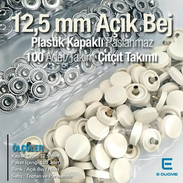 Plastik Kapaklı 12,5 mm Çıtçıt Takımı Açık Bej - Gümüş 3 Alt Parça 100 adet/pkt ERC00125PLABej
