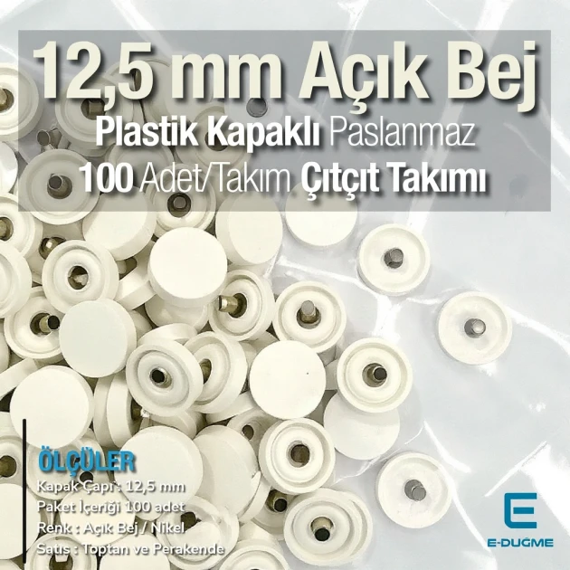 Plastik Kapaklı 12,5 mm Çıtçıt Takımı Açık Bej - Gümüş 3 Alt Parça 100 adet/pkt ERC00125PLABej