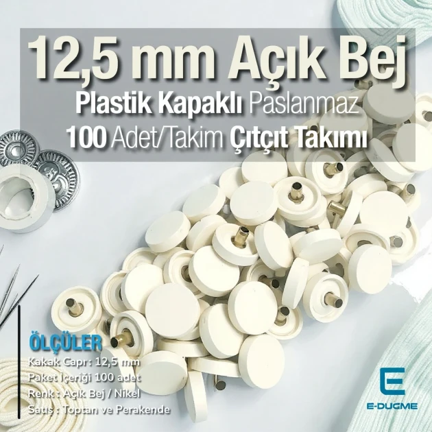 Plastik Kapaklı 12,5 mm Çıtçıt Takımı Açık Bej - Gümüş 3 Alt Parça 100 adet/pkt ERC00125PLABej