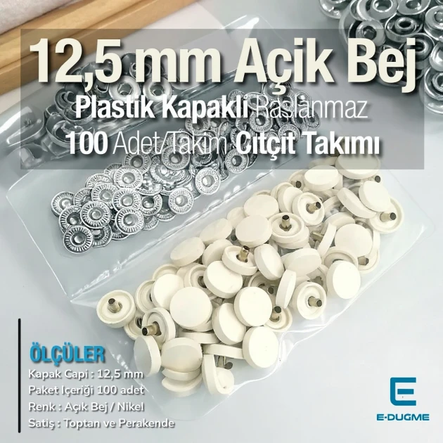 Plastik Kapaklı 12,5 mm Çıtçıt Takımı Açık Bej - Gümüş 3 Alt Parça 100 adet/pkt ERC00125PLABej