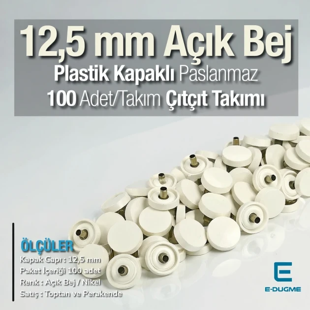 Plastik Kapaklı 12,5 mm Çıtçıt Takımı Açık Bej - Gümüş 3 Alt Parça 100 adet/pkt ERC00125PLABej