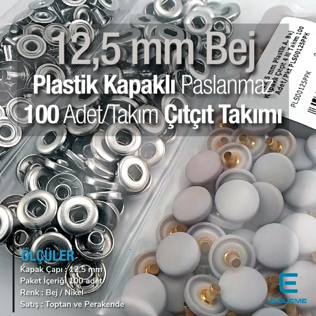 Çıtçıt Takımı 12,5 mm Açık Bej Plastik Kapaklı 100 adet/pkt ERC00125PLABej