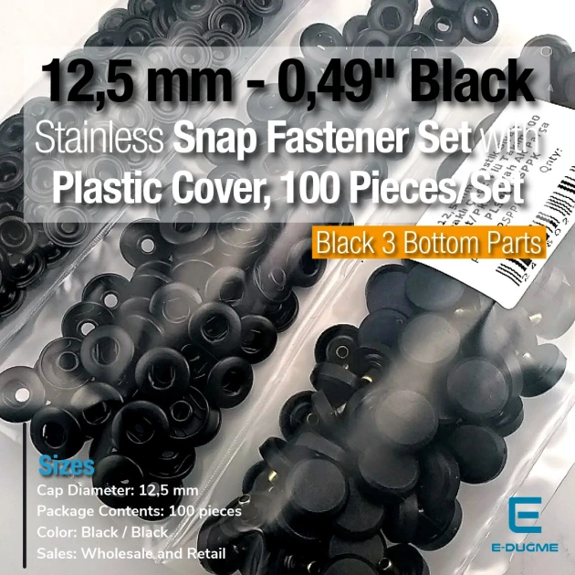 Snap Fastener Set 12.5 mm- 0,49" Black Plastic Cover 100 pieces/pack ERC00125PLBlack